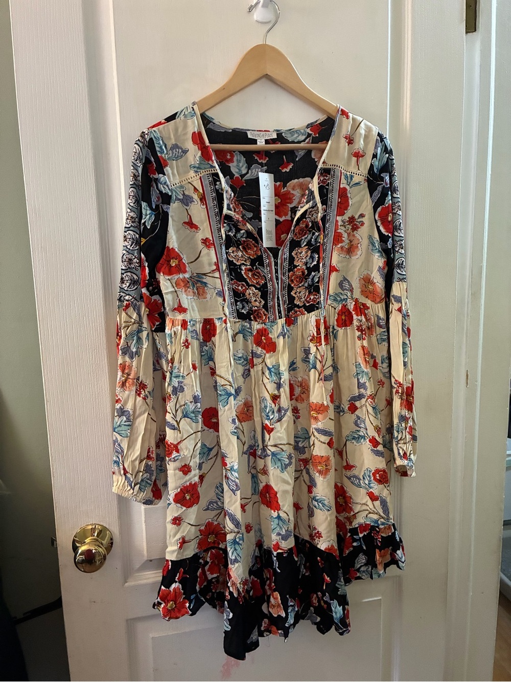 Patrons of Peace Black Floral V-Neck Dress with Red & Cream Blooms